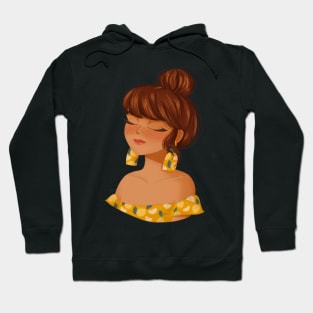 Girl character with a high bun lemon pattern Hoodie